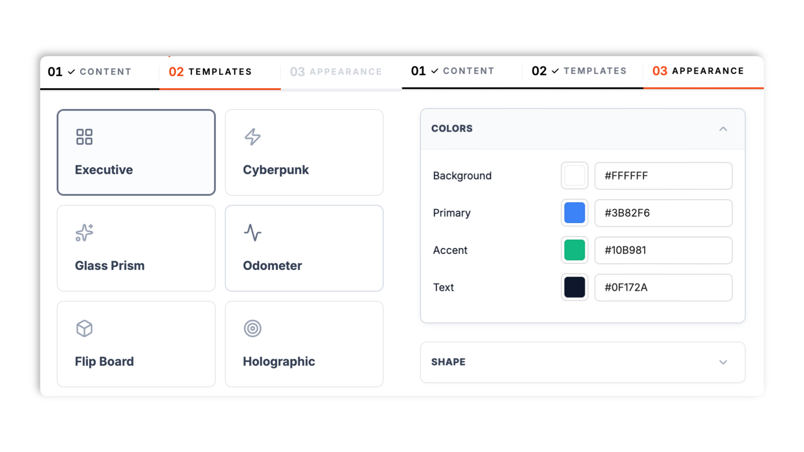 Twelve visitor counter layout thumbnails (Executive, Cyberpunk, Glass Prism, Odometer, Flip Board, Holographic, Social Pill, Matrix, Planetary, Gradient, Clean List, Server Rack) with color and radius controls