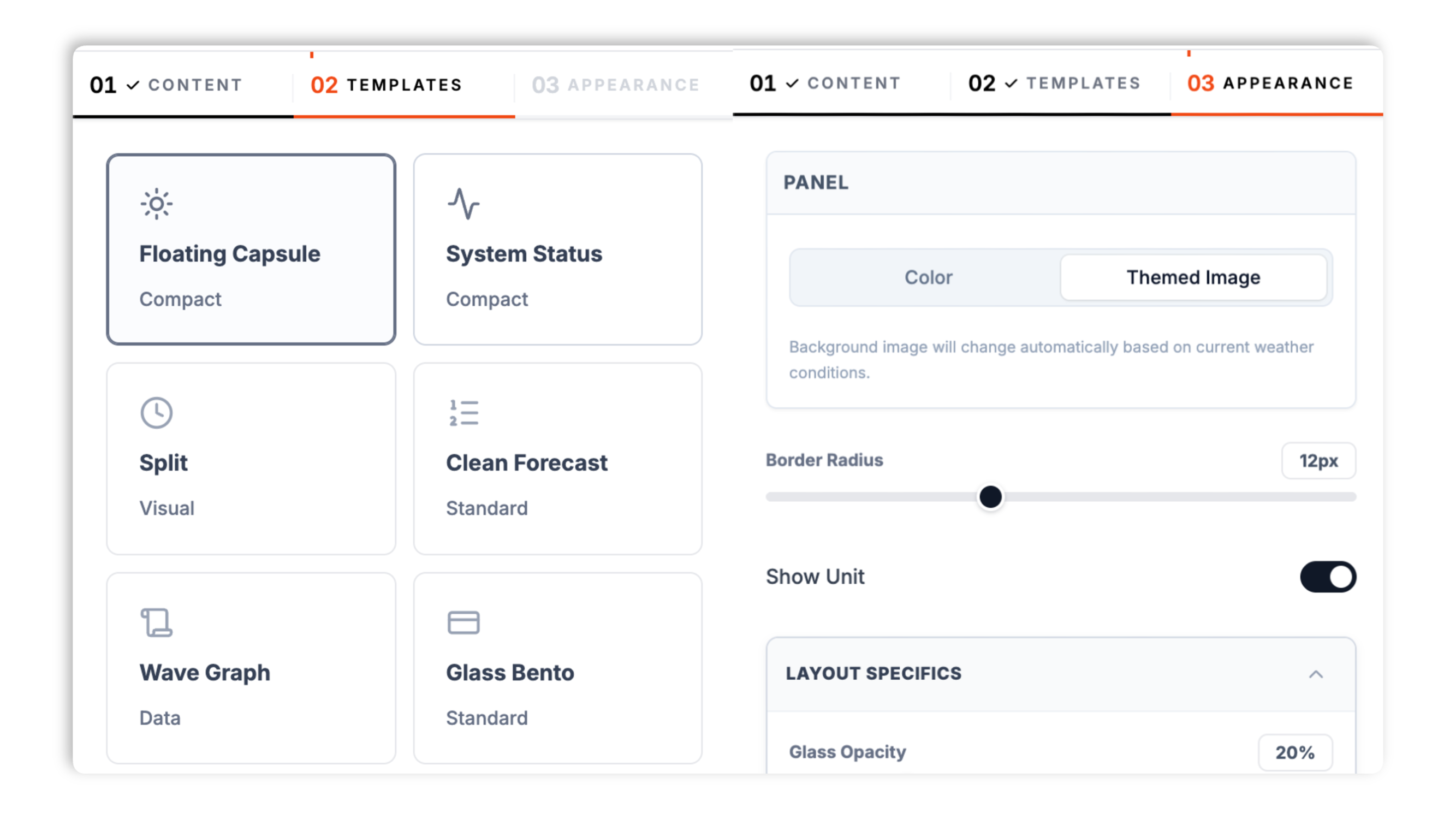 Layout picker showing weather widget thumbnails (Floating Capsule, Clean Forecast, Wave Graph, Glass Bento, Boarding Pass, Command Center) plus brand color, font, and corner-radius controls