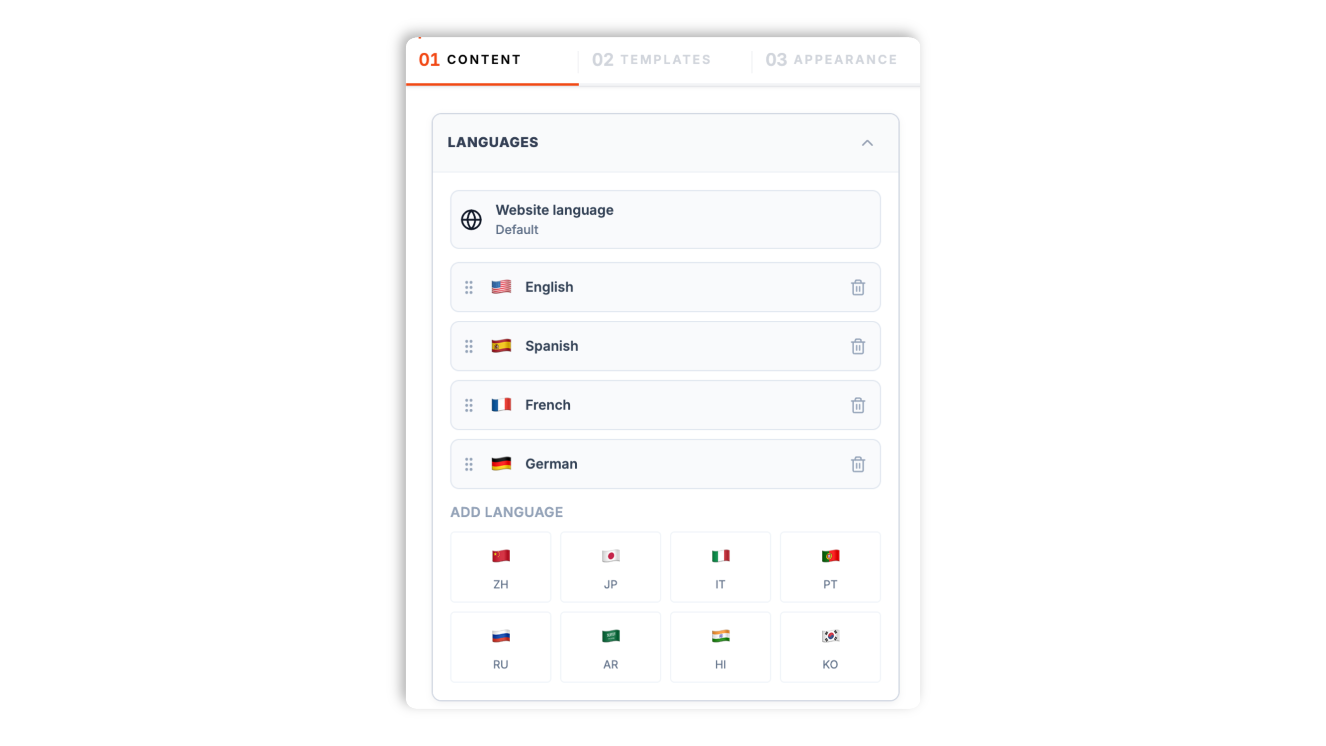 Poper widget builder for the Website Translate widget showing a language picker with English, Spanish, French, German, Hindi, Japanese, and Chinese chips plus switcher layout controls