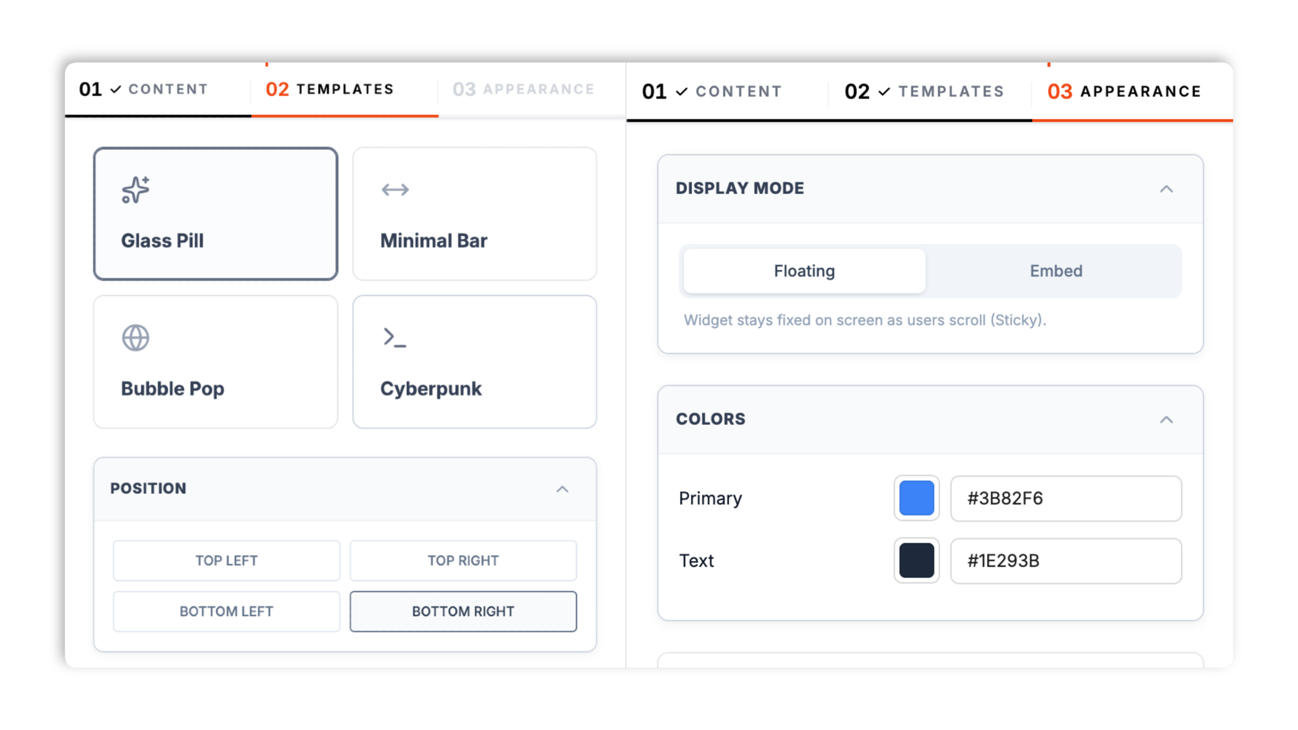 Four language-switcher layout thumbnails (Glass Pill, Minimal Bar, Bubble Pop, Cyberpunk) plus brand color, background, text color, and corner-position controls in the Poper editor