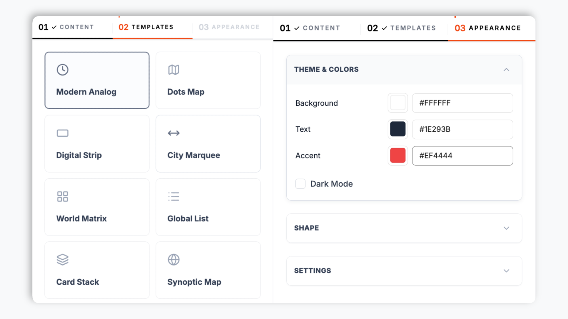 Layout picker showing 6 world-clock layout thumbnails (Analog Grid, Digital Strip, Global Map, Card Stack, Neon HUD, Terminal) plus layout-specific brand and time-display controls