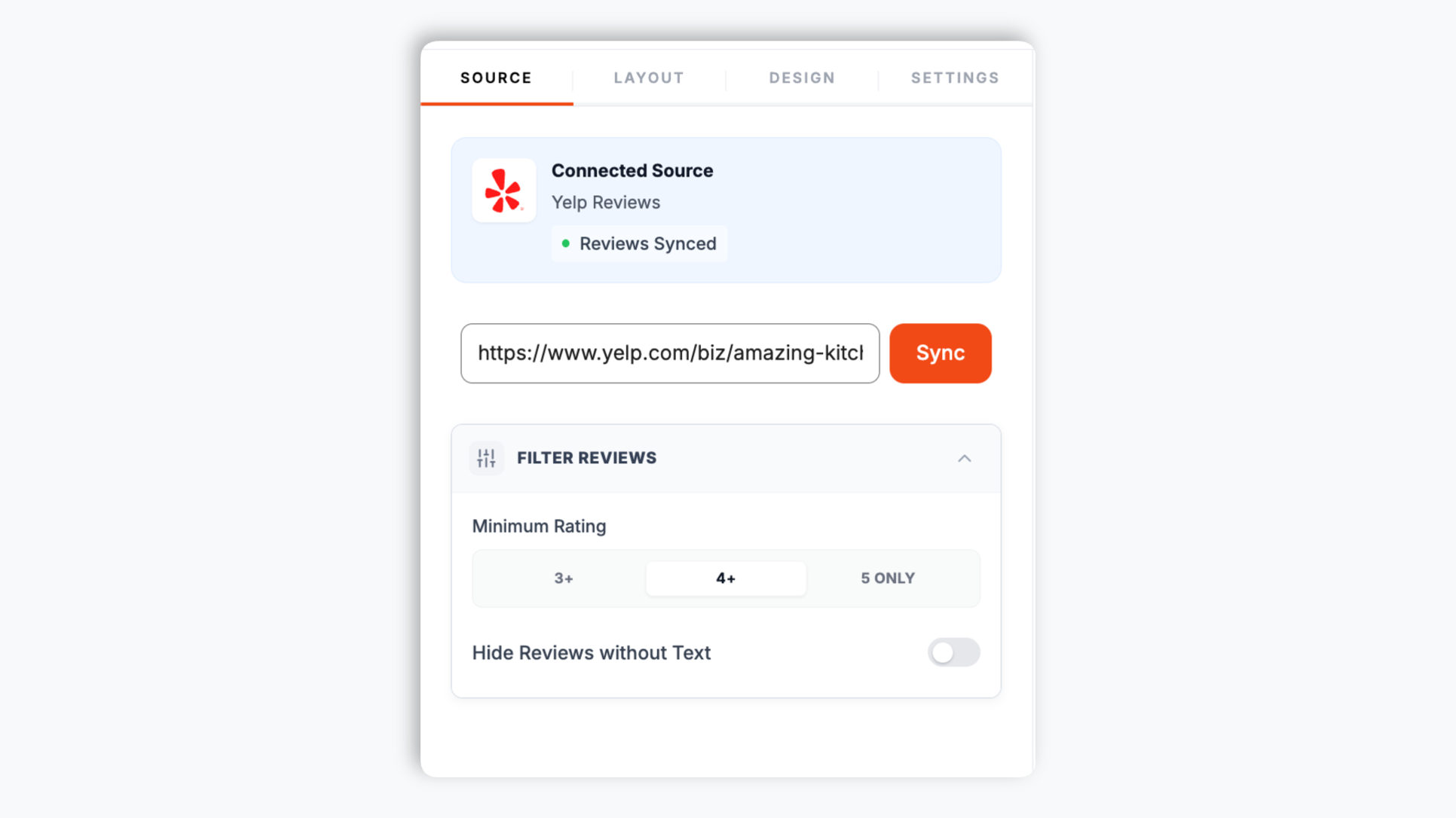 Poper widget builder showing the Yelp URL input field where the business listing link is pasted