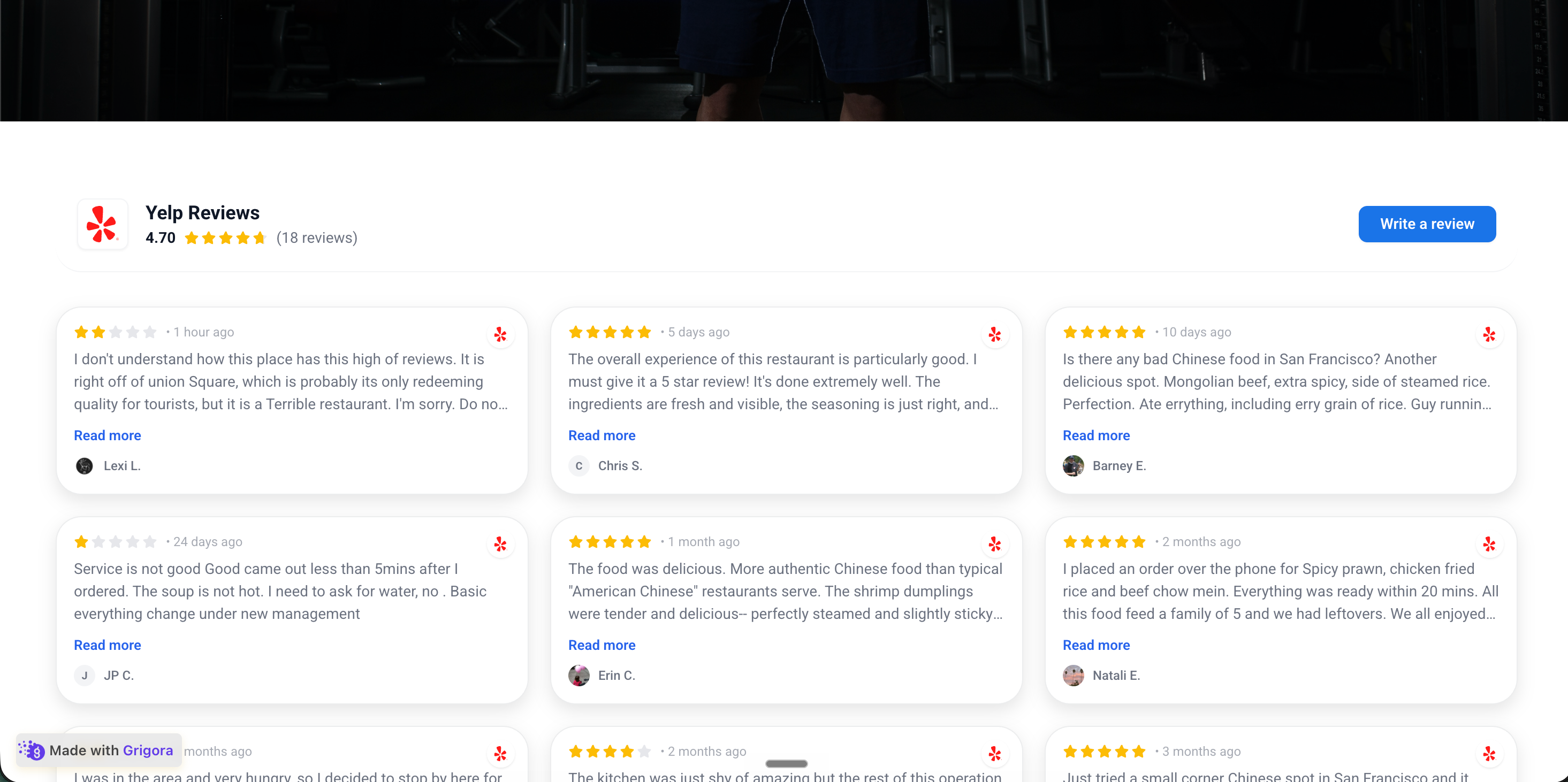 Trattoria Della Strada's own branded restaurant website with the Poper Yelp reviews widget embedded inline showing the same 3 customer reviews