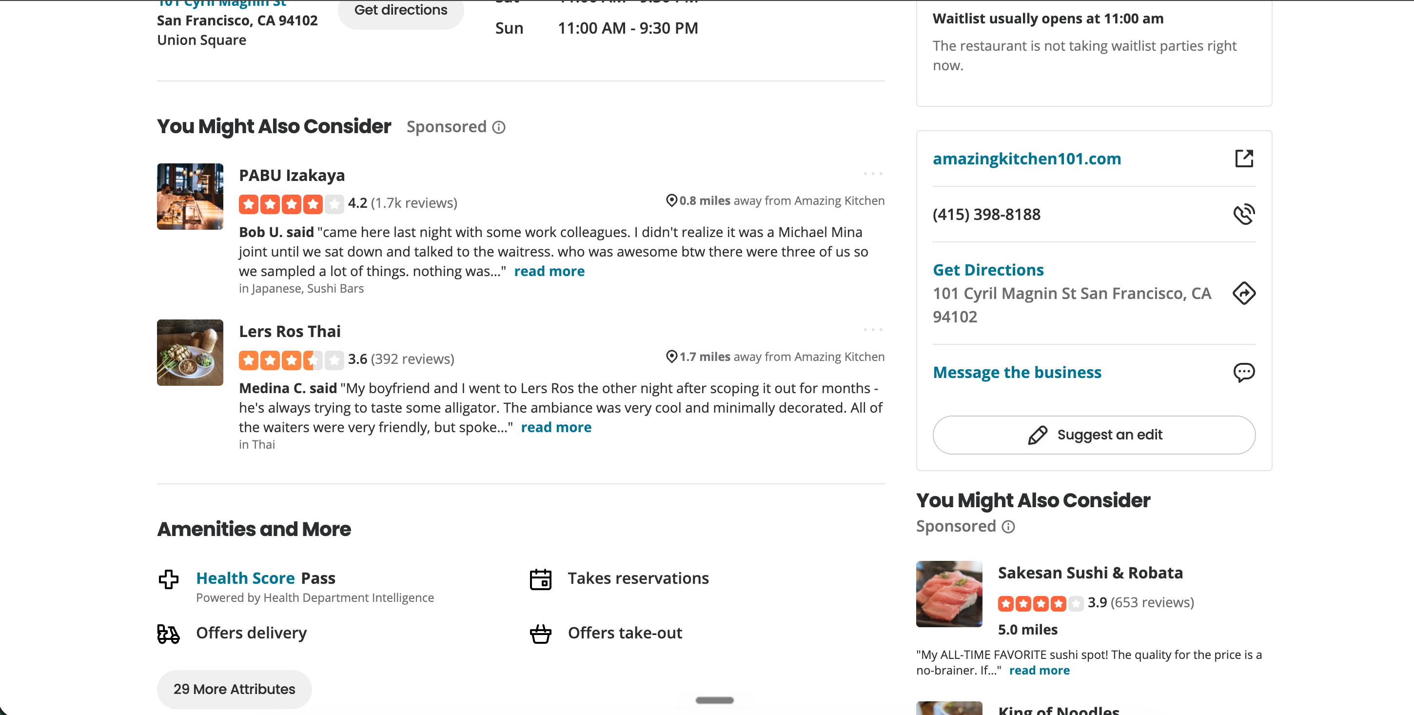 Yelp.com business listing page for Trattoria Della Strada showing a 5-star rating, review media where available, and recent reviews