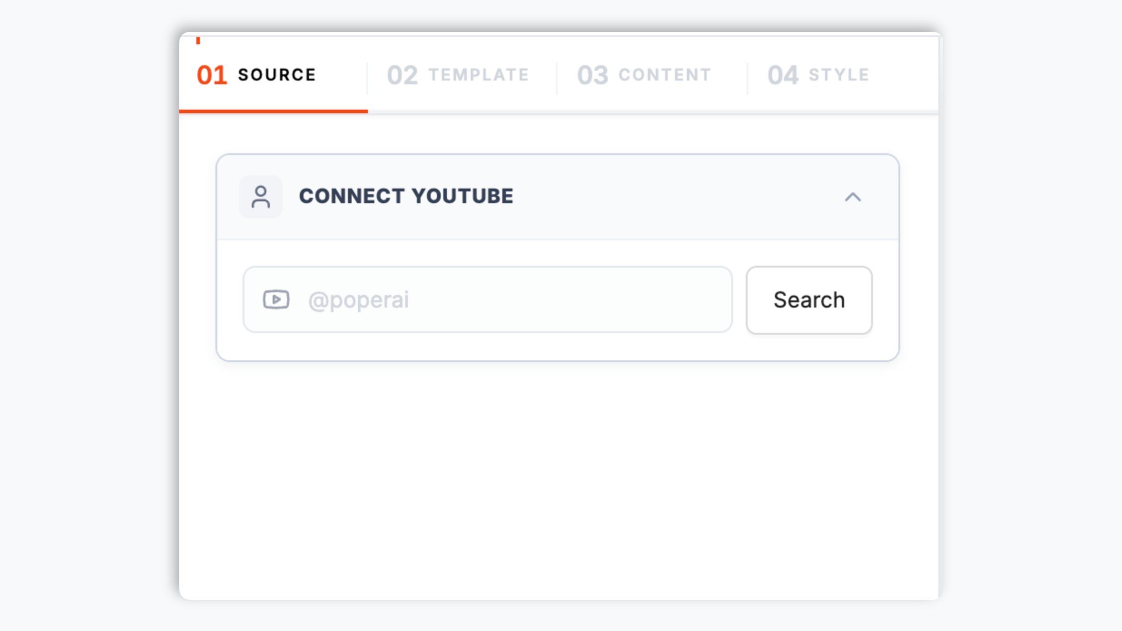 Poper widget builder showing AcmeChannel YouTube channel search resolving to youtube.com/@acme with 487K subscribers and a red Connect button