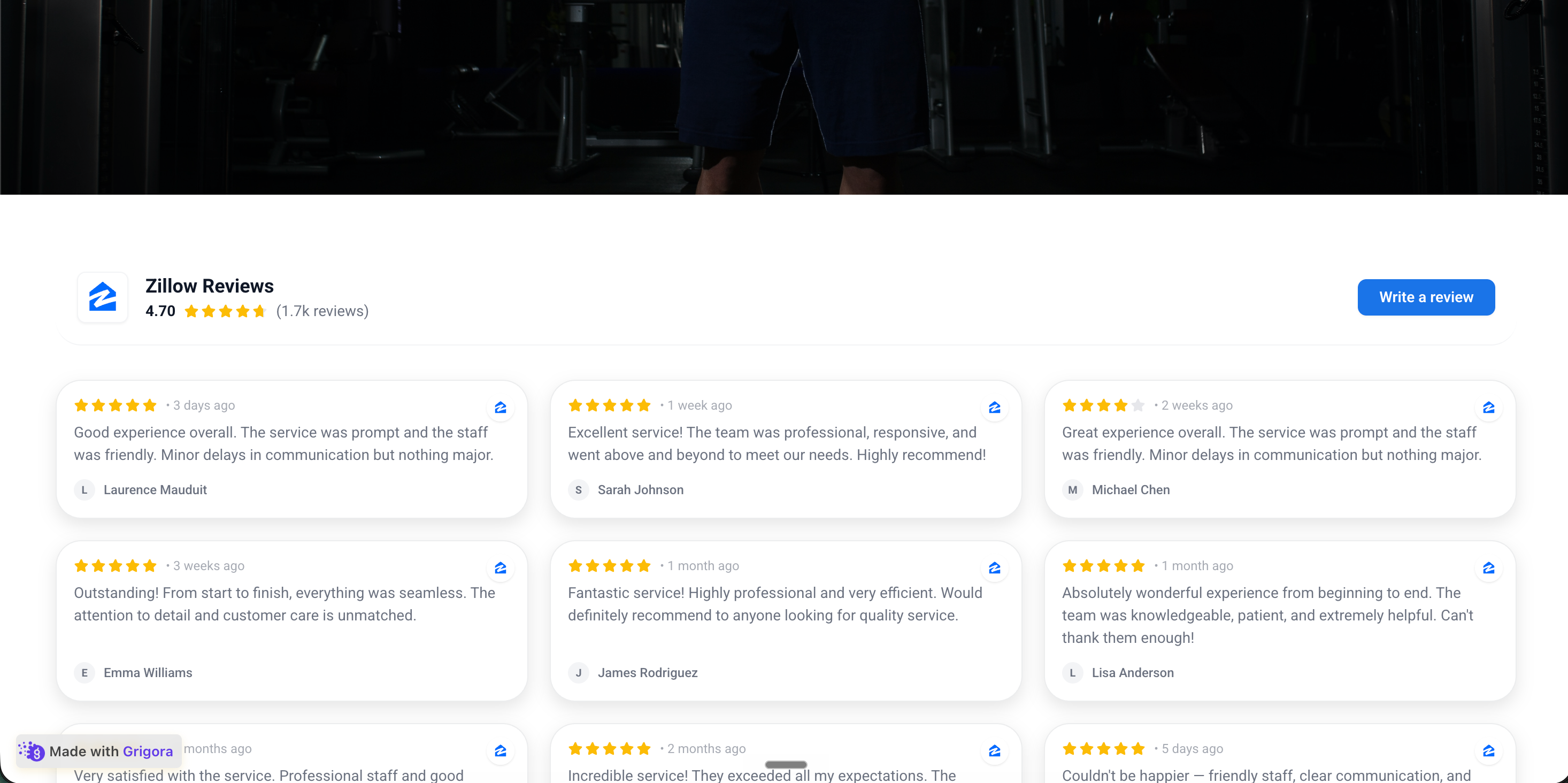 James Sterling's own agent site at jamessterling.realtor with the Poper Zillow Reviews widget embedded inline showing the same 3 client reviews from the source page in deep-charcoal and warm-gold instead of Zillow blue