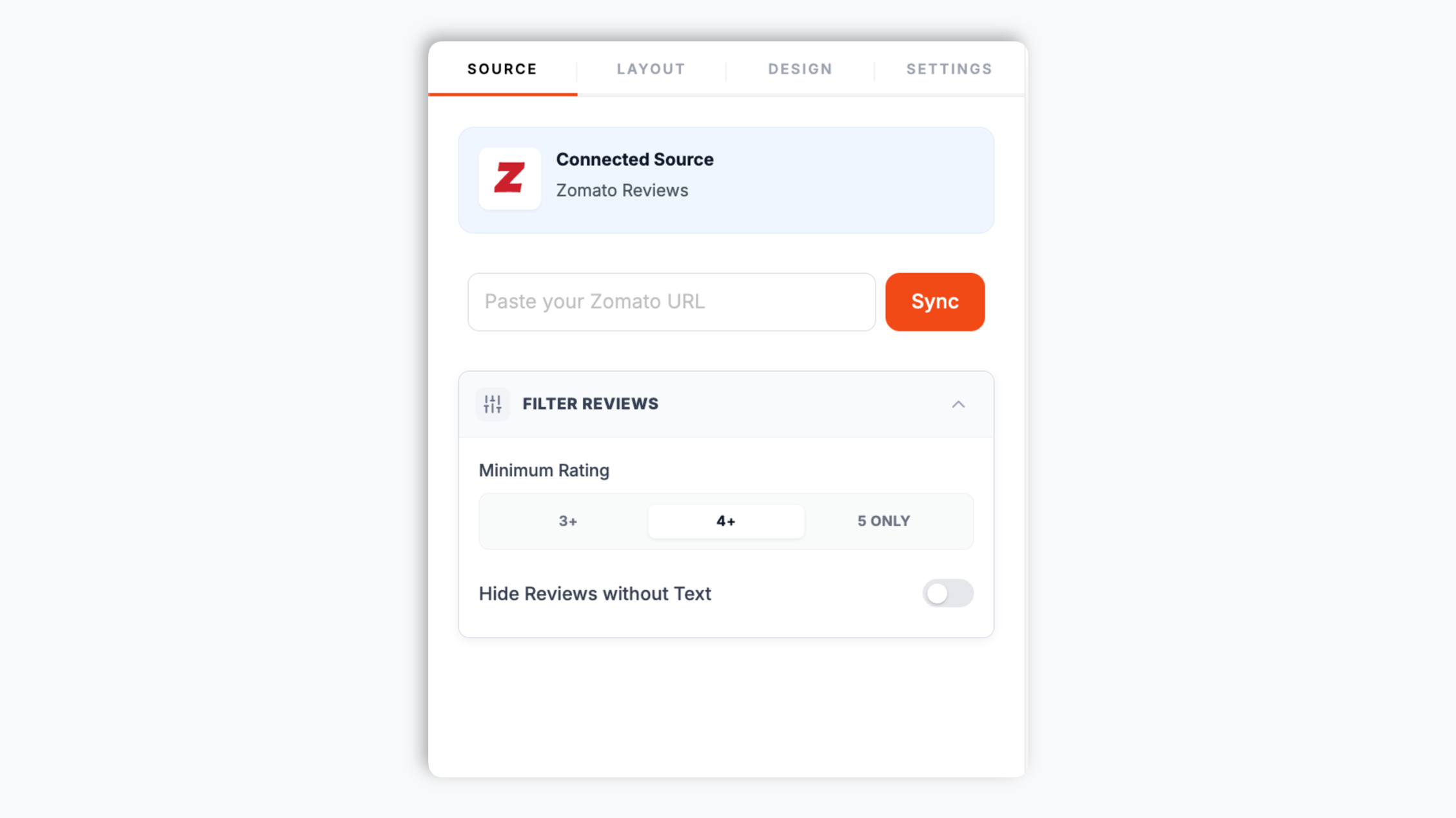 Poper widget builder source tab with a Zomato restaurant URL pasted into the input field showing diner reviews ready to load
