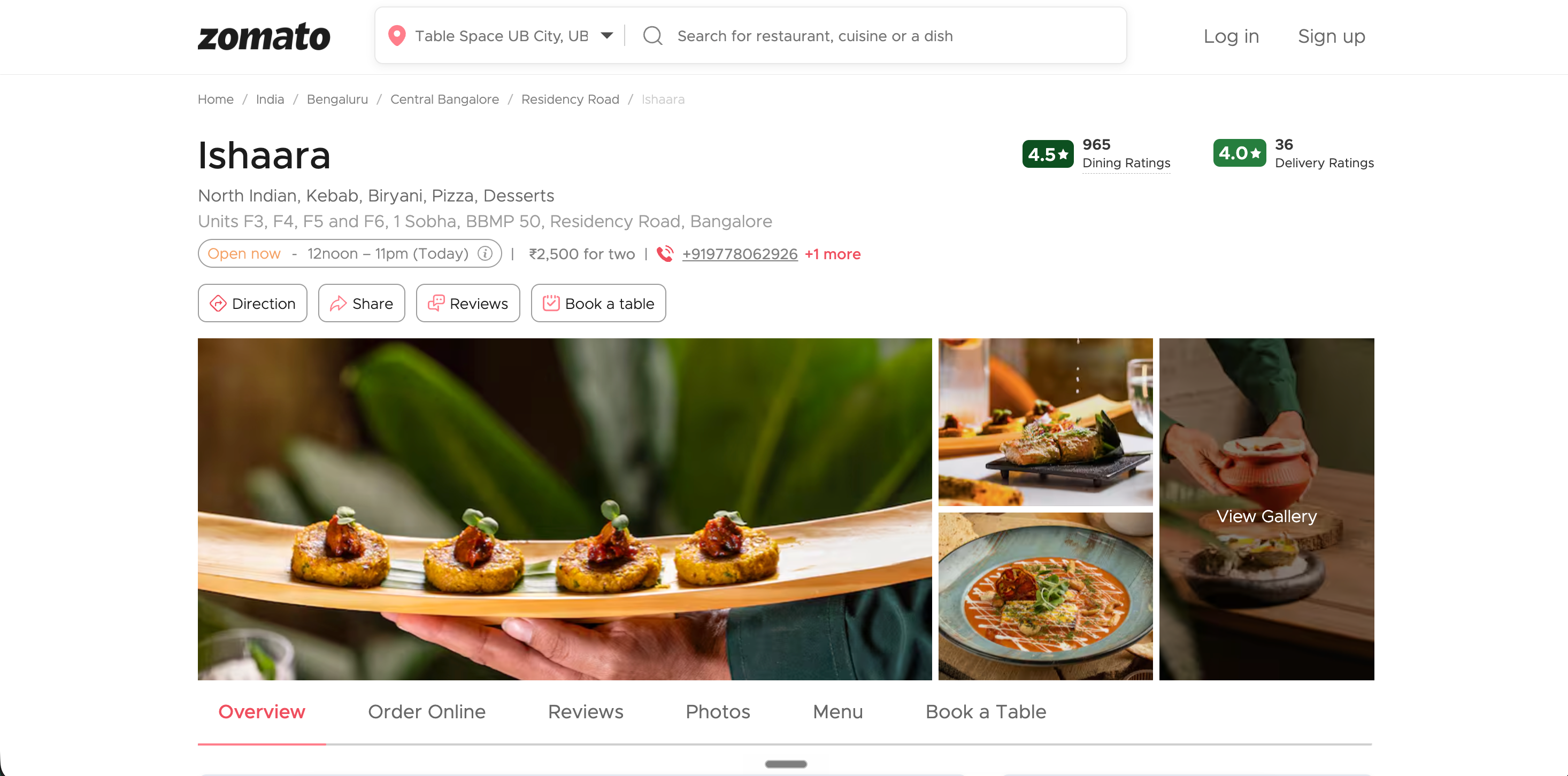 Zomato.com restaurant page for Spice Trail in Bandra West Mumbai showing dining and delivery ratings, public reviews, and Order Online plus Reserve Table CTAs